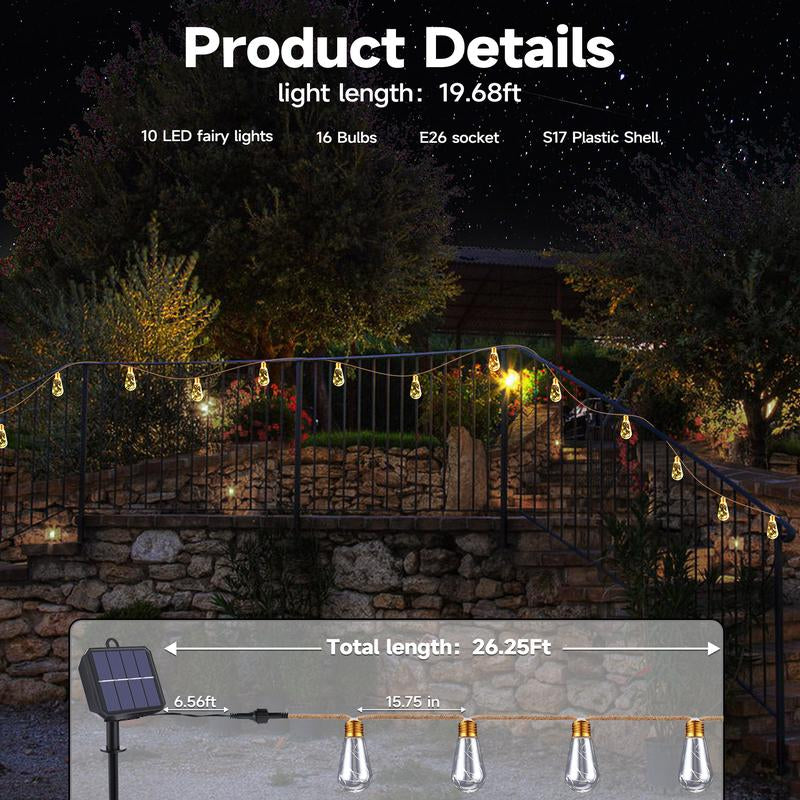 Funny Lamp Outdoor Patio LED Solar String Lights, 16 Shatterproof Bulbs, 26Ft Waterproof Solar String Lights with 8 Lighting Modes – Suitable for Decorating Patios, Courtyards, Gardens, Living Rooms & Bedrooms Funny Light