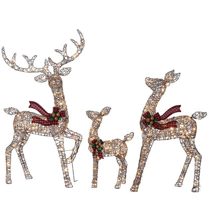 FOOWIN 3D Large Lighted Christmas Deer Family Set, 3-Piece 4.8Ft Pre-Lit Reindeer Outdoor Christmas Decoration with 210 LED Lights, Red Bows,Stakes, for Yard Patio Lawn Garden Courtyard