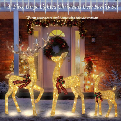 FOOWIN 3D Large Lighted Christmas Deer Family Set, 3-Piece 4.8Ft Pre-Lit Reindeer Outdoor Christmas Decoration with 210 LED Lights, Red Bows,Stakes, for Yard Patio Lawn Garden Courtyard