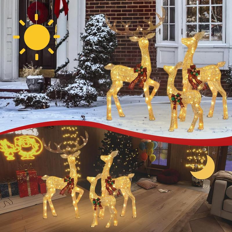 FOOWIN 3D Large Lighted Christmas Deer Family Set, 3-Piece 4.8Ft Pre-Lit Reindeer Outdoor Christmas Decoration with 210 LED Lights, Red Bows,Stakes, for Yard Patio Lawn Garden Courtyard